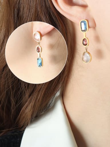 F733 Gold Earrings Titanium Steel Glass Stone Geometric Trend Drop Earring