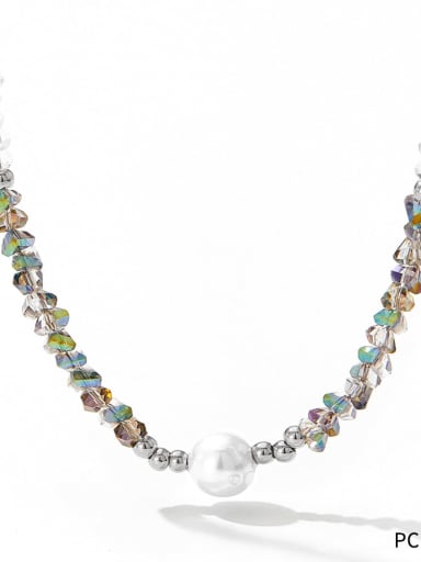 PCD038 Platinum White Stainless steel Freshwater Pearl Geometric Trend Beaded Necklace
