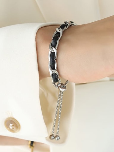E214 steel color 26cm Titanium Steel Artificial LeatherVintage Chain  Bracelet and Necklace Set