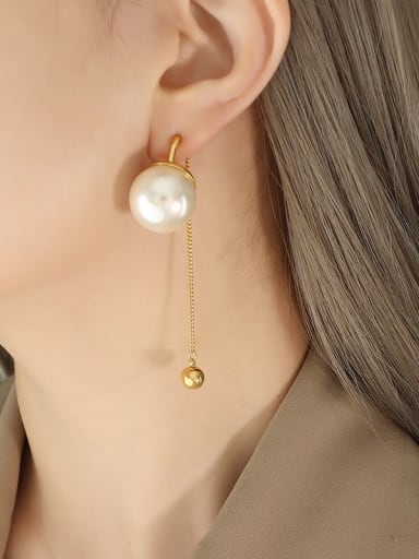 F679 gold+white Titanium Steel Imitation Pearl Tassel Minimalist Drop Earring
