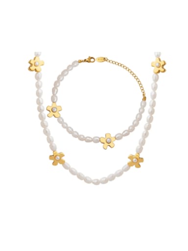 Titanium Steel Freshwater Pearl Minimalist Flower  Bracelet and Necklace Set