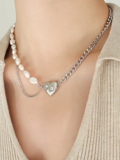 P1290 steel freshwater pearl 42 +5cm Titanium Steel Freshwater Pearl Vintage Heart Bracelet and Necklace Set
