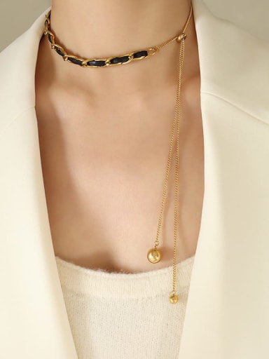 P925 gold 66cm Titanium Steel Artificial LeatherVintage Chain  Bracelet and Necklace Set