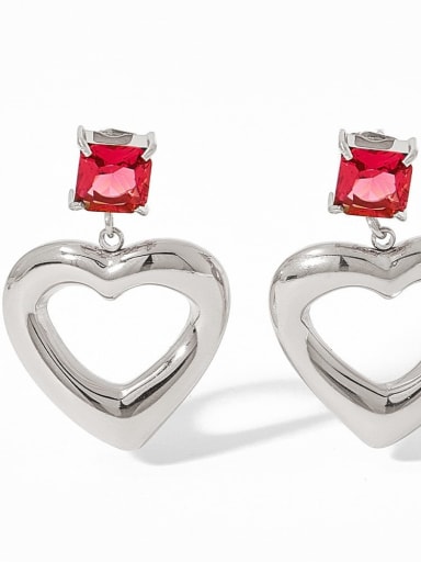 PDE753 Platinum Color, Red Stone Stainless steel Cubic Zirconia Heart Drop Earring