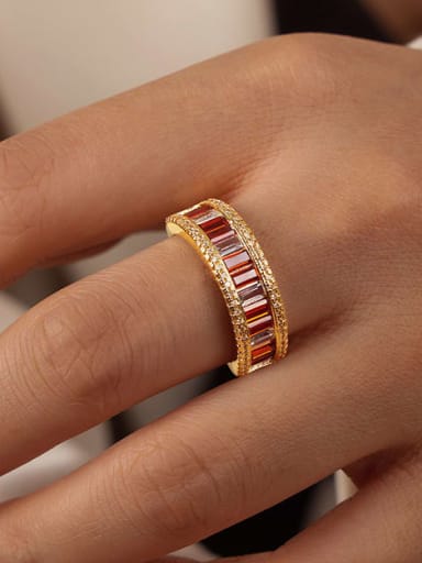 A707 Gold Red White Zircon Ring Brass Cubic Zirconia Geometric Minimalist Band Ring