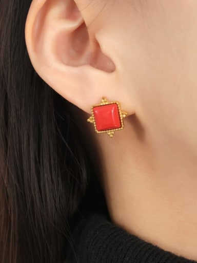 F1408 Golden Red Stone Earrings Titanium Steel Natural Stone Square Hip Hop Stud Earring
