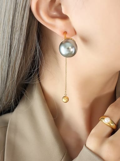 F679 Gold +Grey Titanium Steel Imitation Pearl Tassel Minimalist Drop Earring