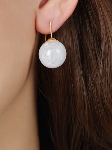 F232 White Earrings Brass Resin Round  Bead Minimalist Hook Earring