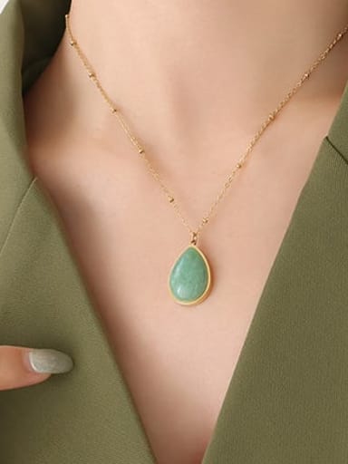 P309 gold green natural stone  40 +5cm Titanium Steel Natural Stone Water Drop Vintage Necklace