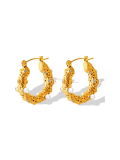 F611 Gold Earrings Titanium Steel Imitation Pearl Geometric Vintage Huggie Earring