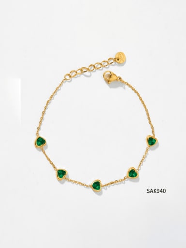 SAK940 Golden Green Stainless steel Cubic Zirconia Heart Minimalist Link Bracelet