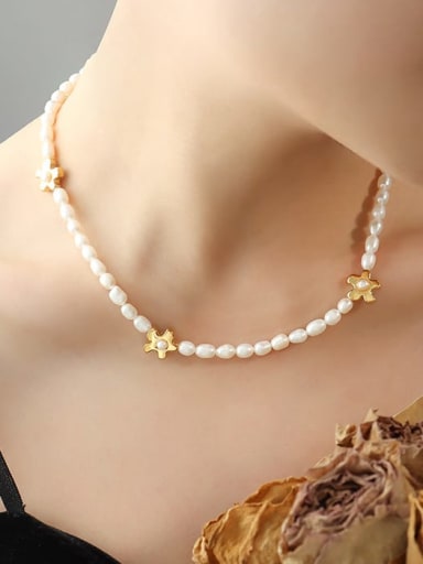 P1387 Gold Necklace 40 +7cm Titanium Steel Freshwater Pearl Minimalist Flower  Bracelet and Necklace Set