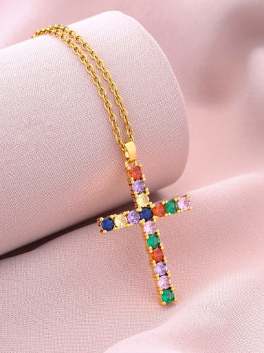 B style Brass Cubic Zirconia Cross Trend Regligious Necklace