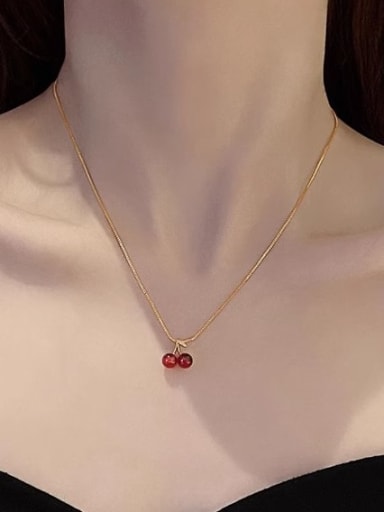 Cherry Box Chain Gold Titanium Steel Natural Stone   Cute  Friut Cherry  Pendant Necklace
