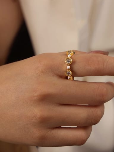 A709 Golden Pink Glazed Ring Brass Enamel Geometric Trend Band Ring