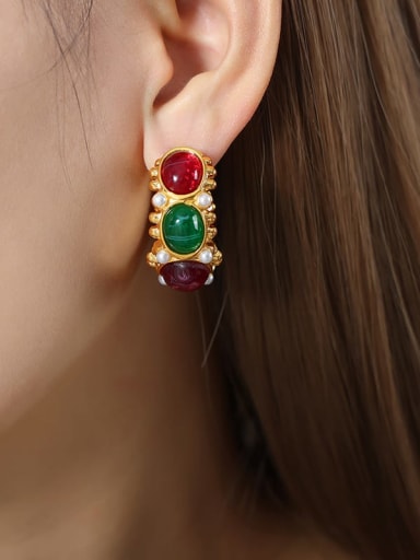F1006 Gold Red Green Resin Earrings Titanium Steel Imitation Pearl Geometric Trend Stud Earring