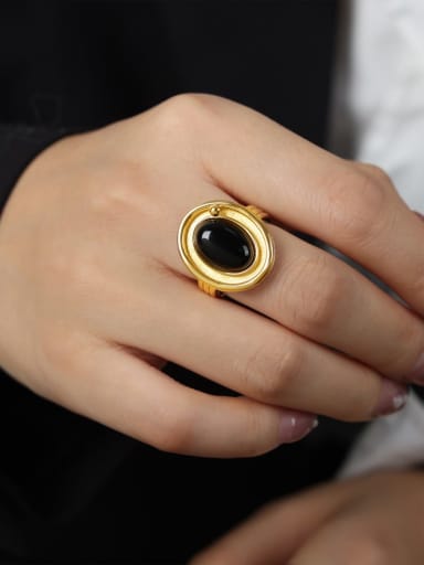 A686 Gold Ring US 6 Titanium Steel Obsidian  Vintage Geometric  Ring and Necklace Set
