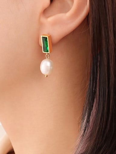 F372 Gold Emerald Earrings pair Titanium Steel Imitation Pearl Geometric Trend Drop Earring