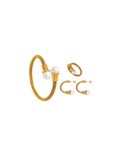 custom Trend Titanium Steel Imitation Pearl Ring Bracelet and Necklace Set