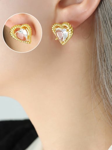 F714 Gold Earrings Brass Cubic Zirconia Heart Dainty Stud Earring