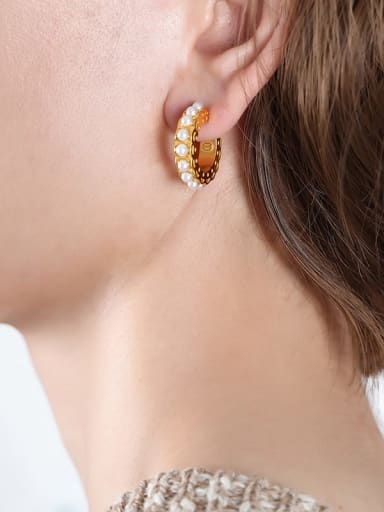 F826 Gold Earrings Titanium Steel Imitation Pearl Geometric Dainty Stud Earring