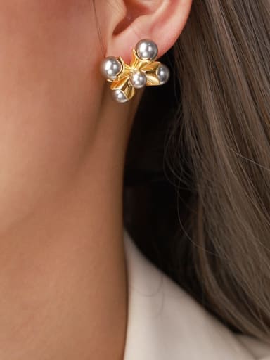 F1372 Grey Pearl Imitation Earrings Brass Imitation Pearl Flower Trend Stud Earring
