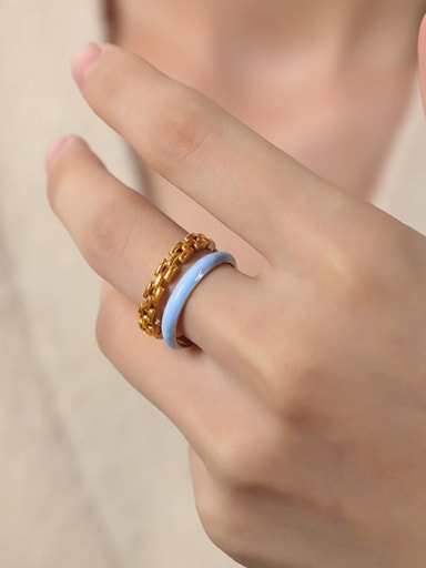A580 Blue +Gold Titanium Steel Enamel Geometric Minimalist Stackable Ring