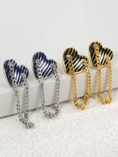 Brass Enamel Heart Chain Tassel Vintage Drop Earring