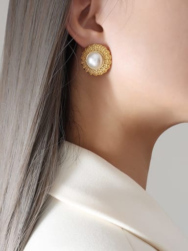Earrings Vintage Flower Titanium Steel Imitation Pearl
