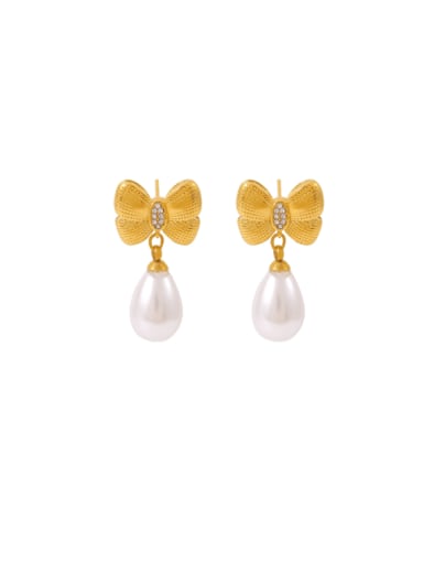F265 Golden Earrings Titanium Steel Imitation Pearl Butterfly Minimalist Drop Earring