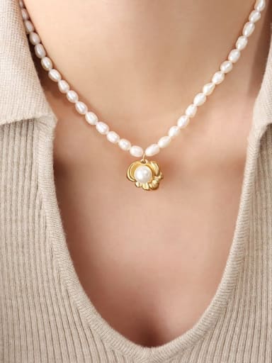 Titanium Steel Freshwater Pearl Flower Vintage Necklace