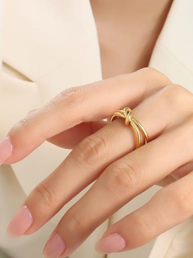 A050 Gold Ring No. 6 Titanium Steel Minimalist Double Layer Line Knot Ring and Bangle Set