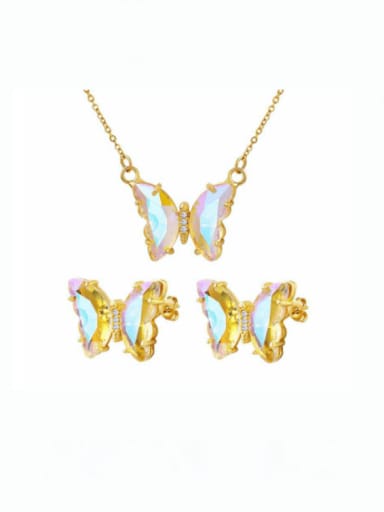 Brass Glass Stone Minimalist Butterfly  Earring and Necklace Set