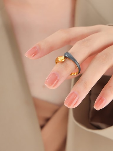A095 Grey Blue Oil Dropping Gold Ring Titanium Steel Enamel Geometric Trend Band Ring