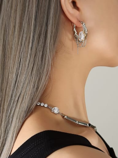 F174 Steel Earrings Trend Tassel Titanium Steel Cubic Zirconia Earring and Necklace Set