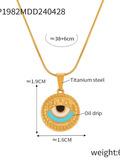 P1982 Gold Light Blue Oil Drop Necklace Titanium Steel Enamel Evil Eye Vintage Necklace