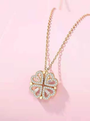 golden Titanium Steel Cubic Zirconia Clover Minimalist Heart Pendant Necklace