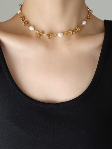 P470 gold necklace 38 +5cm Trend Geometric Titanium Steel Freshwater Pearl Bracelet and Necklace Set