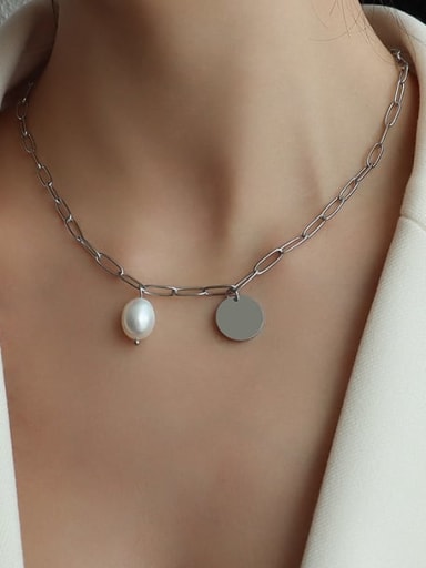 Titanium 316L Stainless Steel Imitation Pearl Geometric Minimalist Necklace with e-coated waterproof