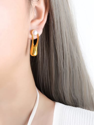 F858 Gold Earrings Titanium Steel Freshwater Pearl Geometric Trend Stud Earring