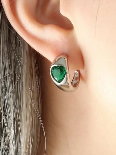 F681 steel green glass stone earrings Titanium Steel Cubic Zirconia Heart Minimalist Stud Earring