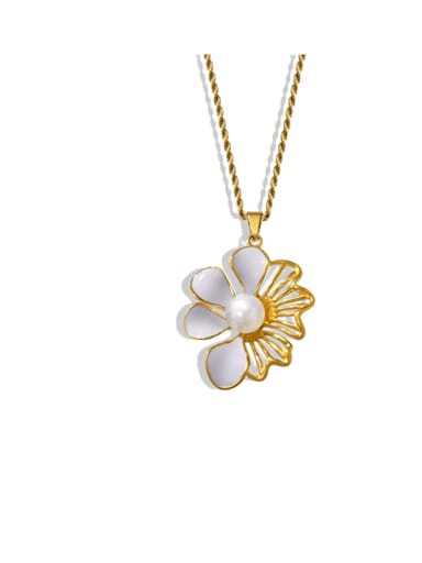 P1830 Gold and White Necklace Titanium Steel Enamel Flower Minimalist Necklace