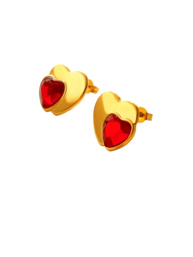 F648 Gold+ Red Titanium Steel Cubic Zirconia Heart Vintage Stud Earring
