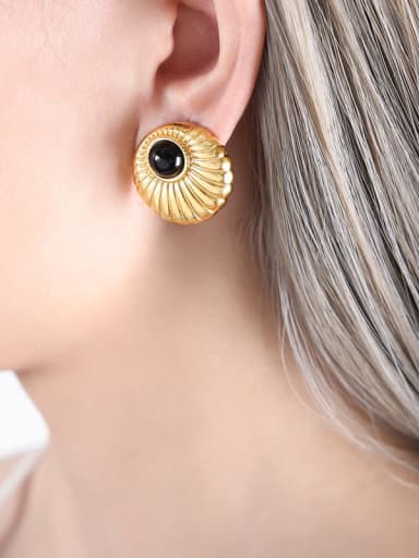 Black imitation pearl gold earrings Titanium Steel Moonstone Round Trend Stud Earring