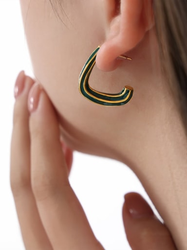 F952 Green Drop Oil Gold Earrings Titanium Steel Enamel Geometric Minimalist Drop Earring