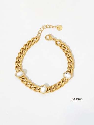SAK945 Golden+ White Glass Stainless steel Glass Stone Geometric Hip Hop Link Bracelet