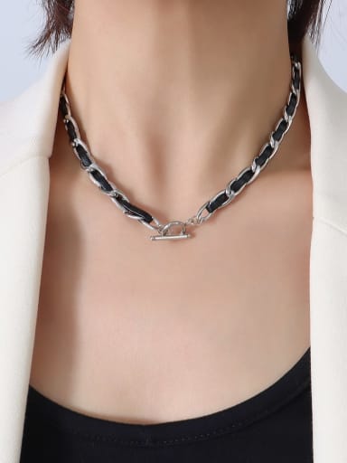 P047 Steel Necklace 40cm Titanium Steel Hip Hop Geometric Leather Braclete and Necklace Set