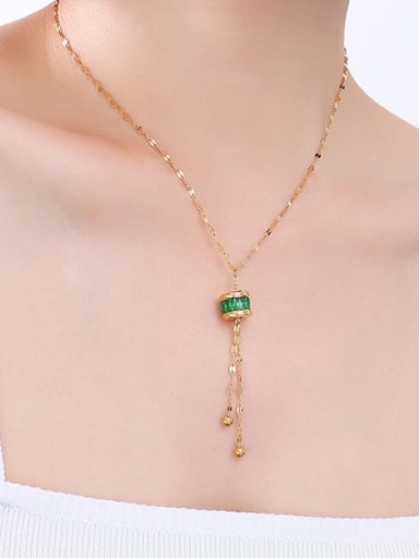 P687 Gold Emerald Necklace Titanium Steel Cubic Zirconia Geometric Minimalist Tassel Necklace