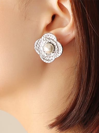 F600 Steel Earrings Titanium Steel Imitation Pearl Flower Vintage Stud Earring