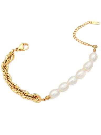 Stainless steel Gold Half  freshwater Pearl rope Necklace